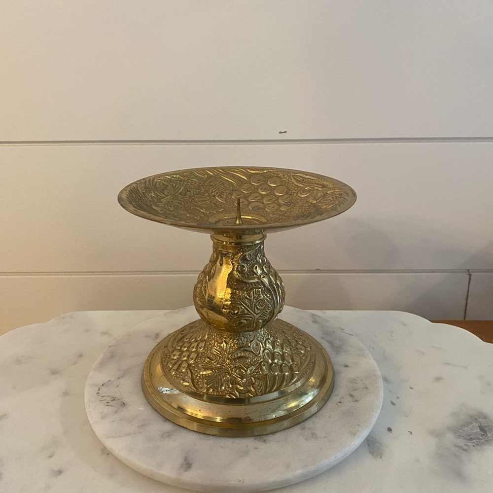 Vintage Brass Pedestal Candle Holder 5 Inch Intricate Etched Designs Art Deco